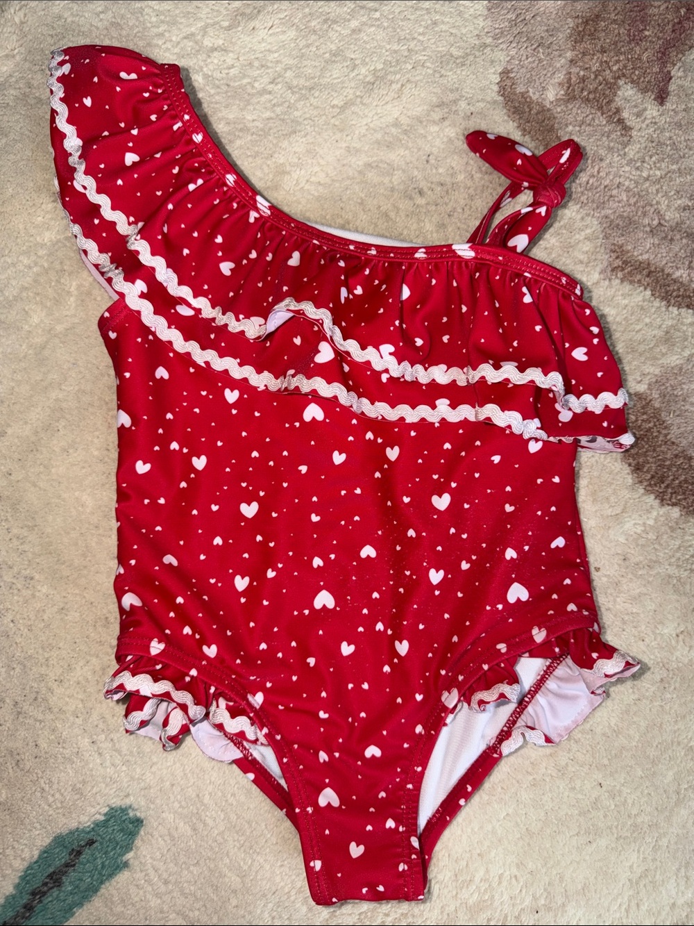 Nicole Miller New York Girls Red Heart One-Shoulder Ruffle Swim One-Piece